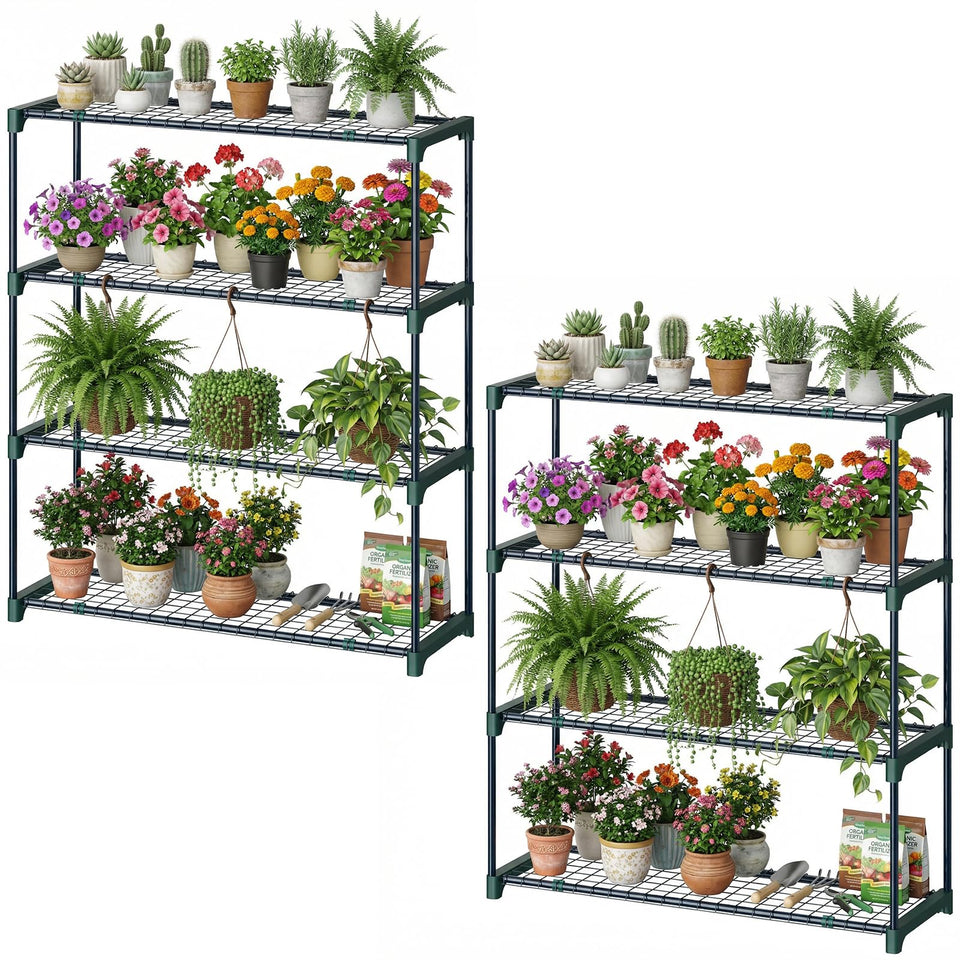 Ohuhu 4-tier greenhouse shelf packed with assorted potted plants for outdoor use