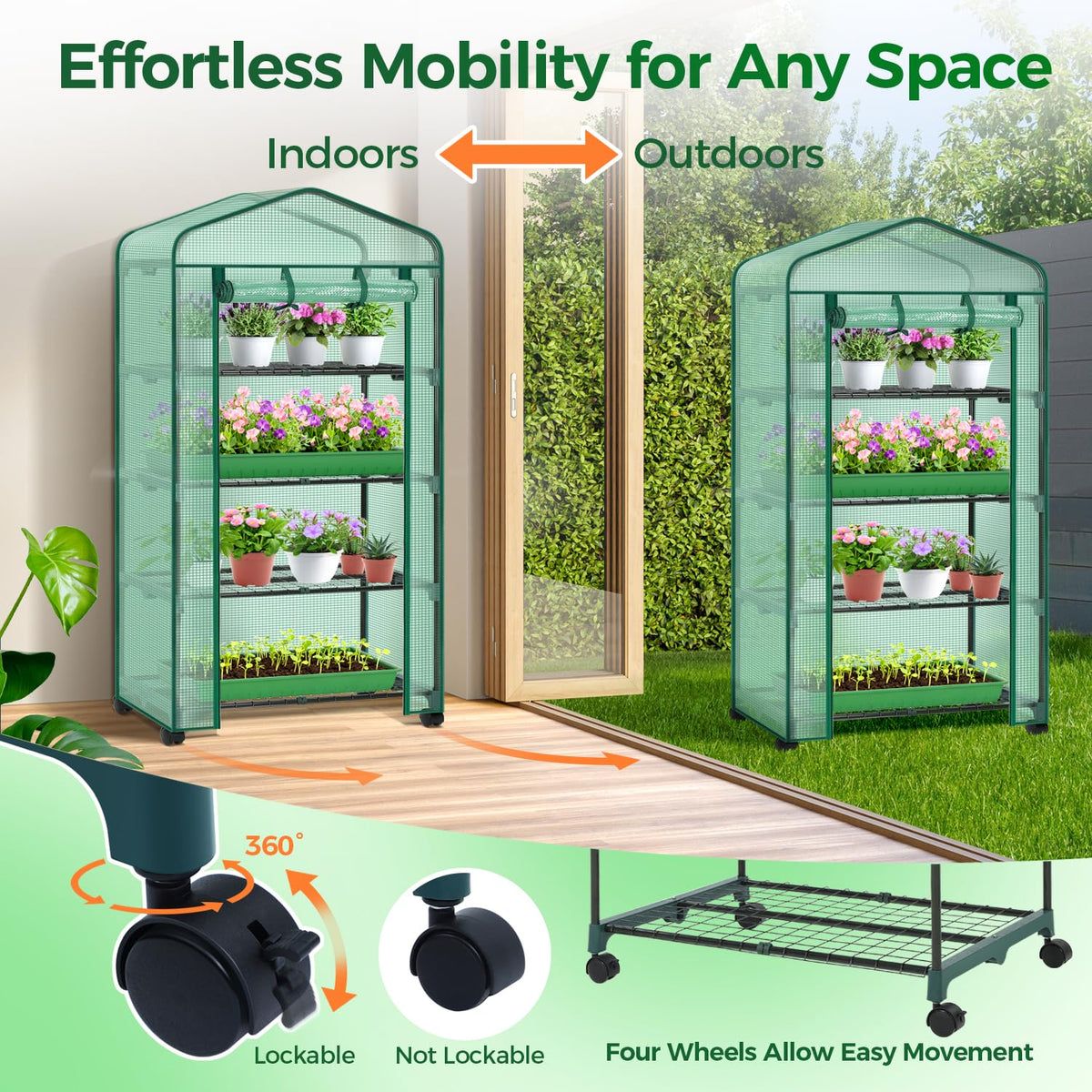 Ohuhu greenhouse with four-tier shelves provides sturdy storage for seed trays.