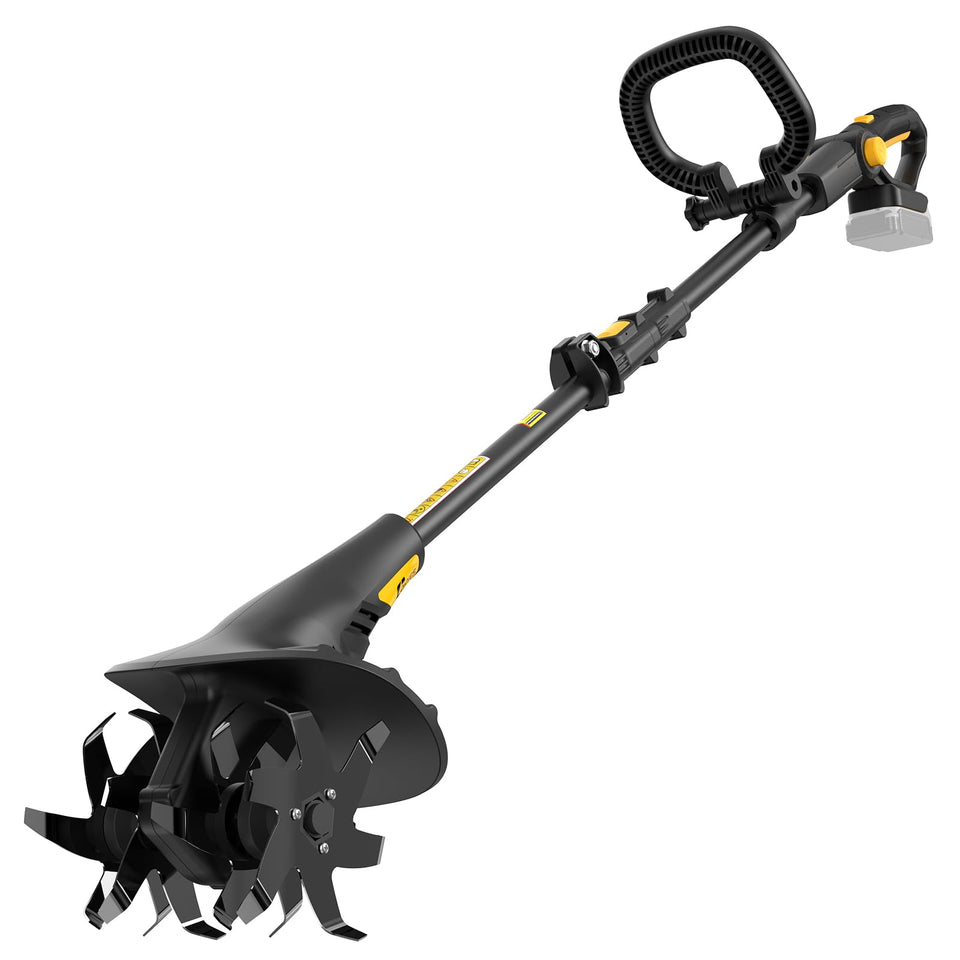 Ohyes cordless tiller side view highlighting 360 RPM power for quick soil prep.