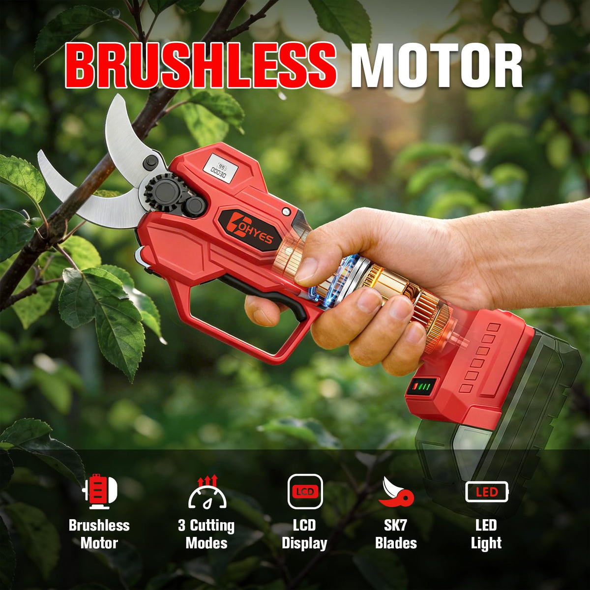 ohyes pruning shears LCD display shows battery and cut rate