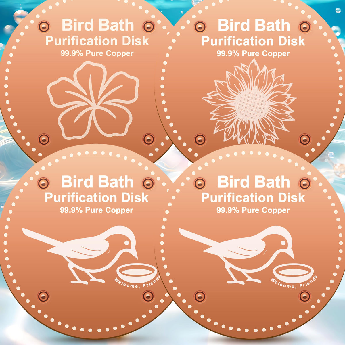 OICEME Bird Bath Purification Disc in a glass bath for clearer water.
