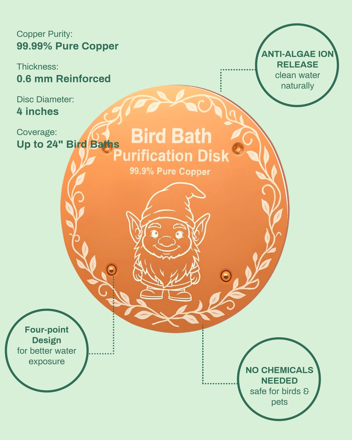 OICEME copper disc compatible with glass, ceramic, stone, or metal bird baths