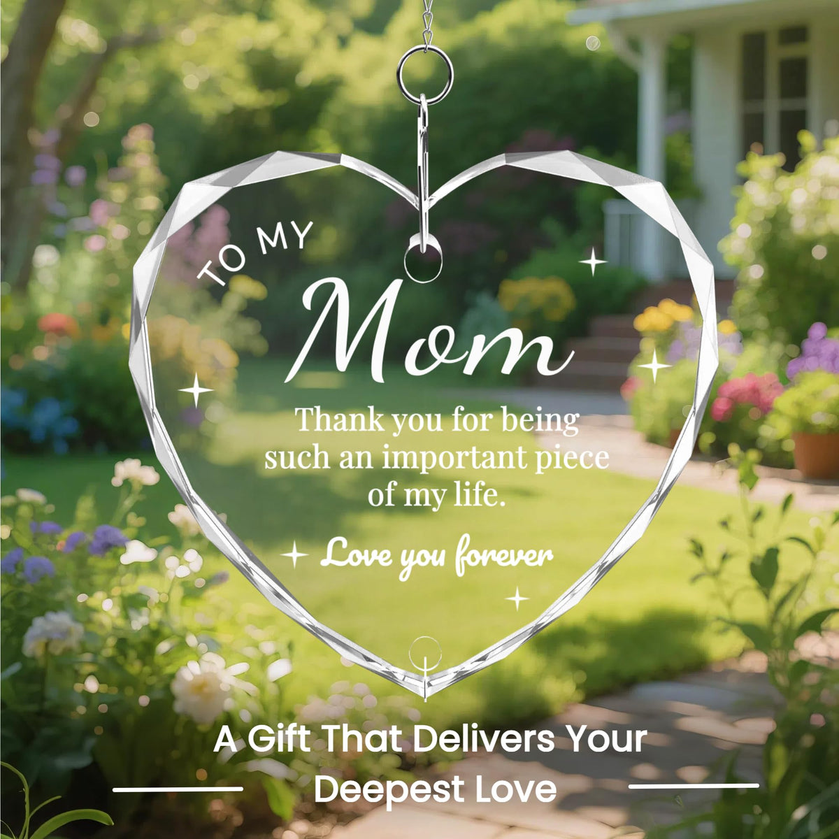 Oikomai sun catcher with 'To My Mom' engraving serving as a sentimental keepsake.