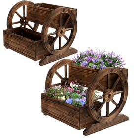 OIPRTGFJ wooden wagon planter box wheels front view showing portable garden display