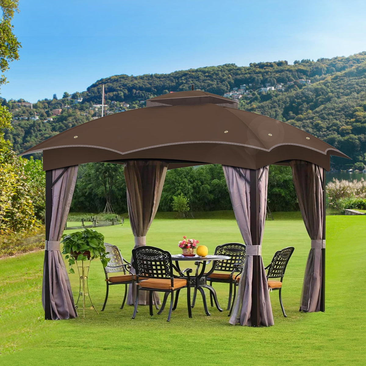 OIPUNSHLE brown canopy on frame, ready for shade