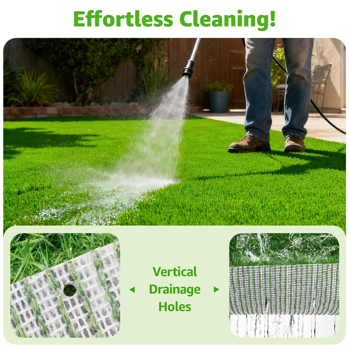 Oiyeefo artificial turf in backyard delivers lush look with low maintenance.