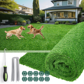 Oiyeefo artificial turf on patio with drainage holes for dry surfaces.