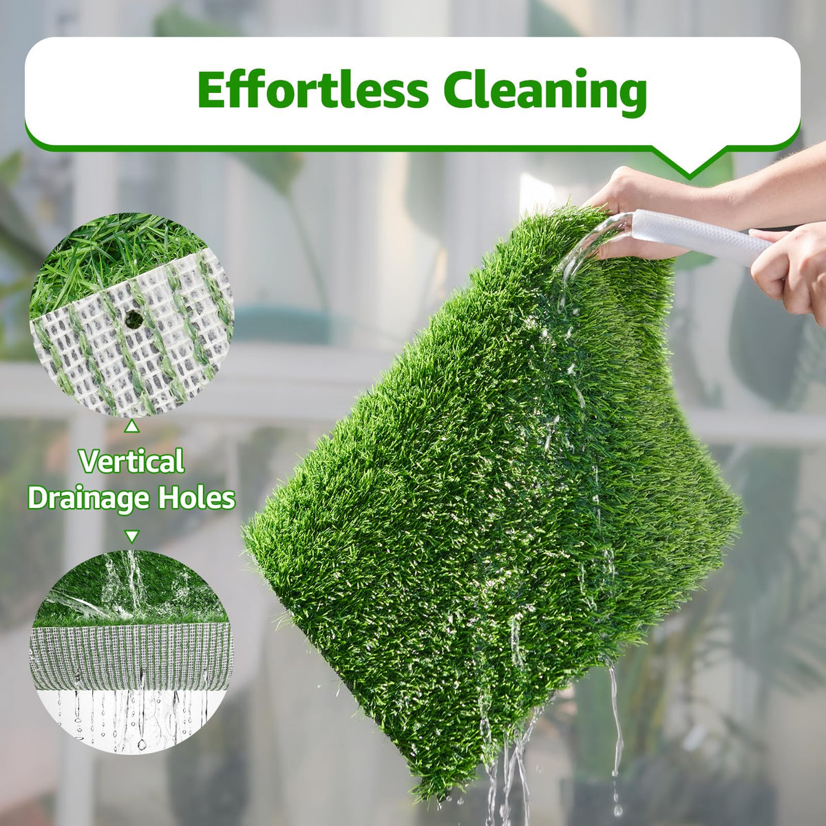 Oiyeefo artificial turf with drainage holes allows quick drying after washing