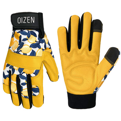 OIZEN cowhide gloves thumb-palm close-up showing durable grip for gardening