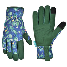 OIZEN gardening gloves with a blue-green floral back for comfortable all-day gardening.