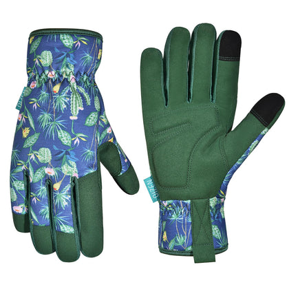 OIZEN gardening gloves with a blue-green floral back for comfortable all-day gardening.