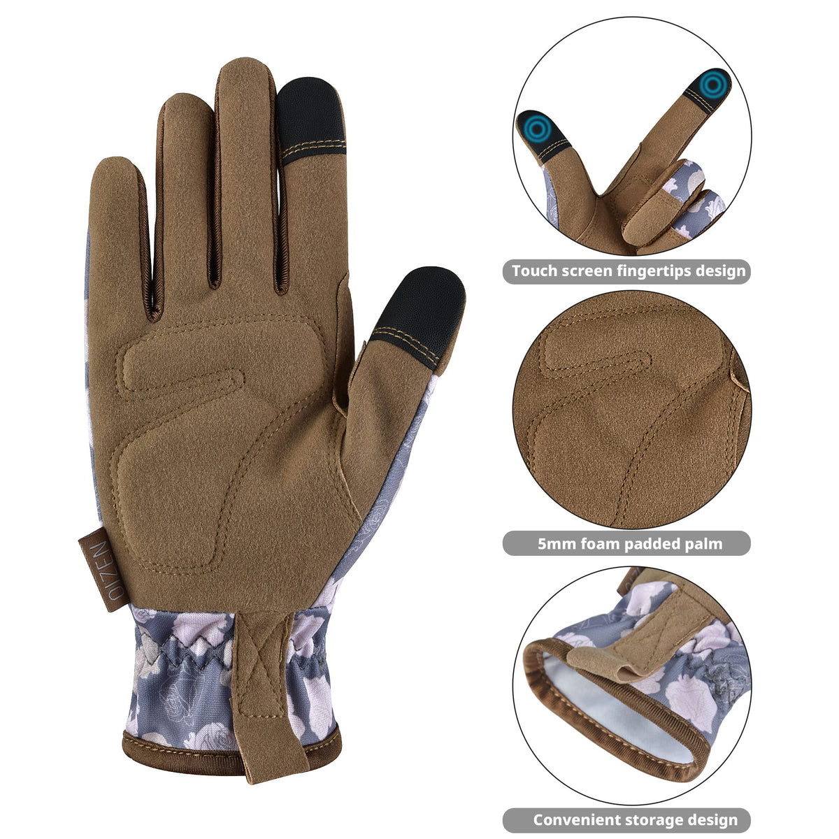 OIZEN gardening gloves with touchscreen fingertips for convenient device use
