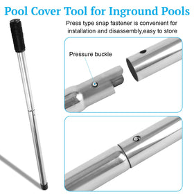OJP pool cover tool near inground pool anchors during removal.