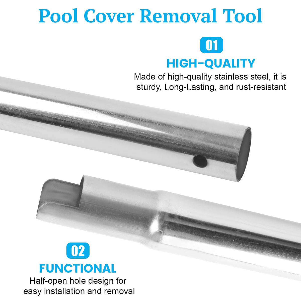 OJP pool cover tool showing two-piece design for easy storage.