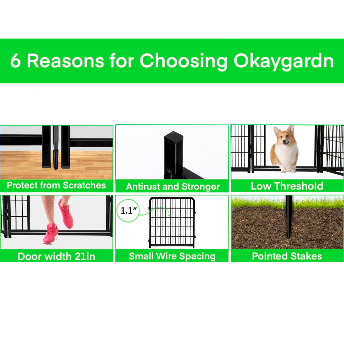 Okaygardn gate connects fence panels with a low-threshold entry.