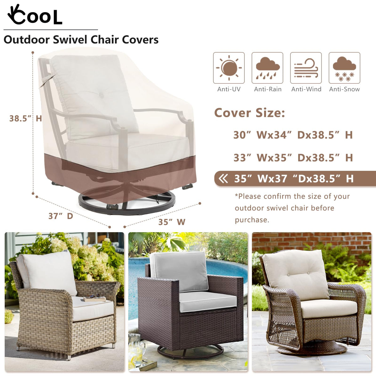 okcool Outdoor Swivel Chair Cover side view showing secure wind straps
