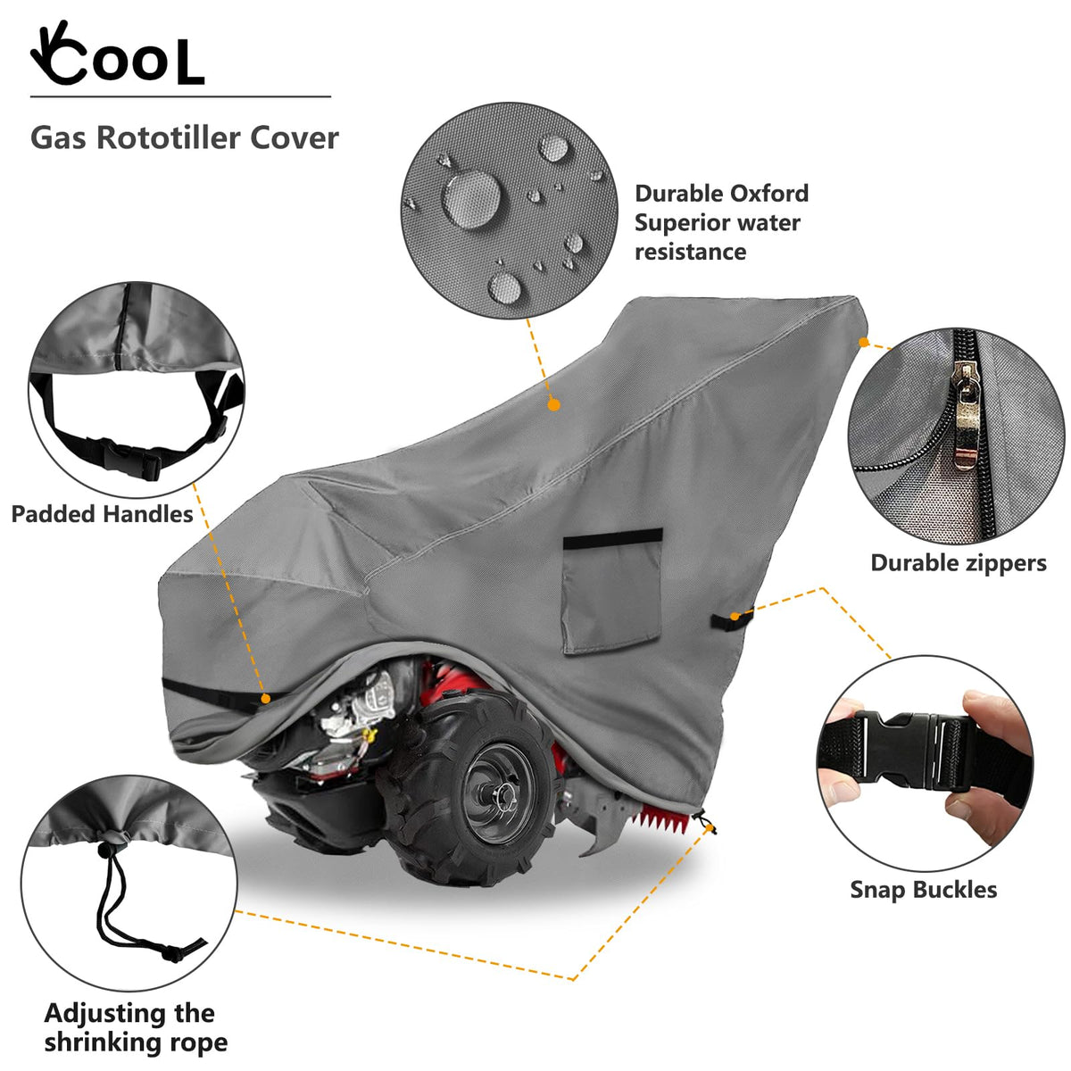 Okcool rototiller cover front view keeps front area shielded from rain.