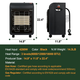 OKF propane heater mobile with casters and carry handle for easy relocation.
