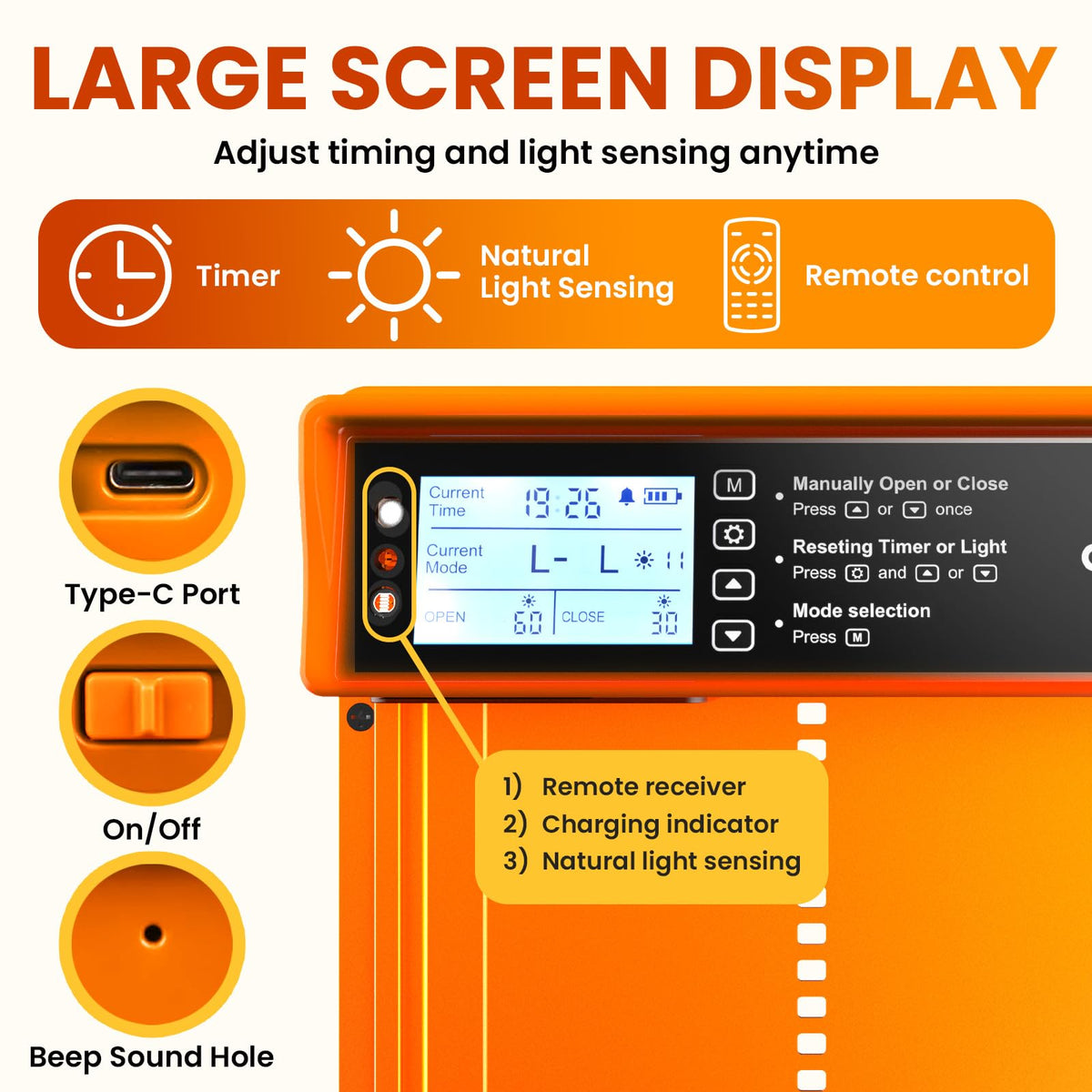 OKKÖBI door with light sensor opens at sunrise for flock safety.