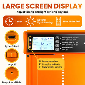 OKKÖBI door with light sensor opens at sunrise for flock safety.