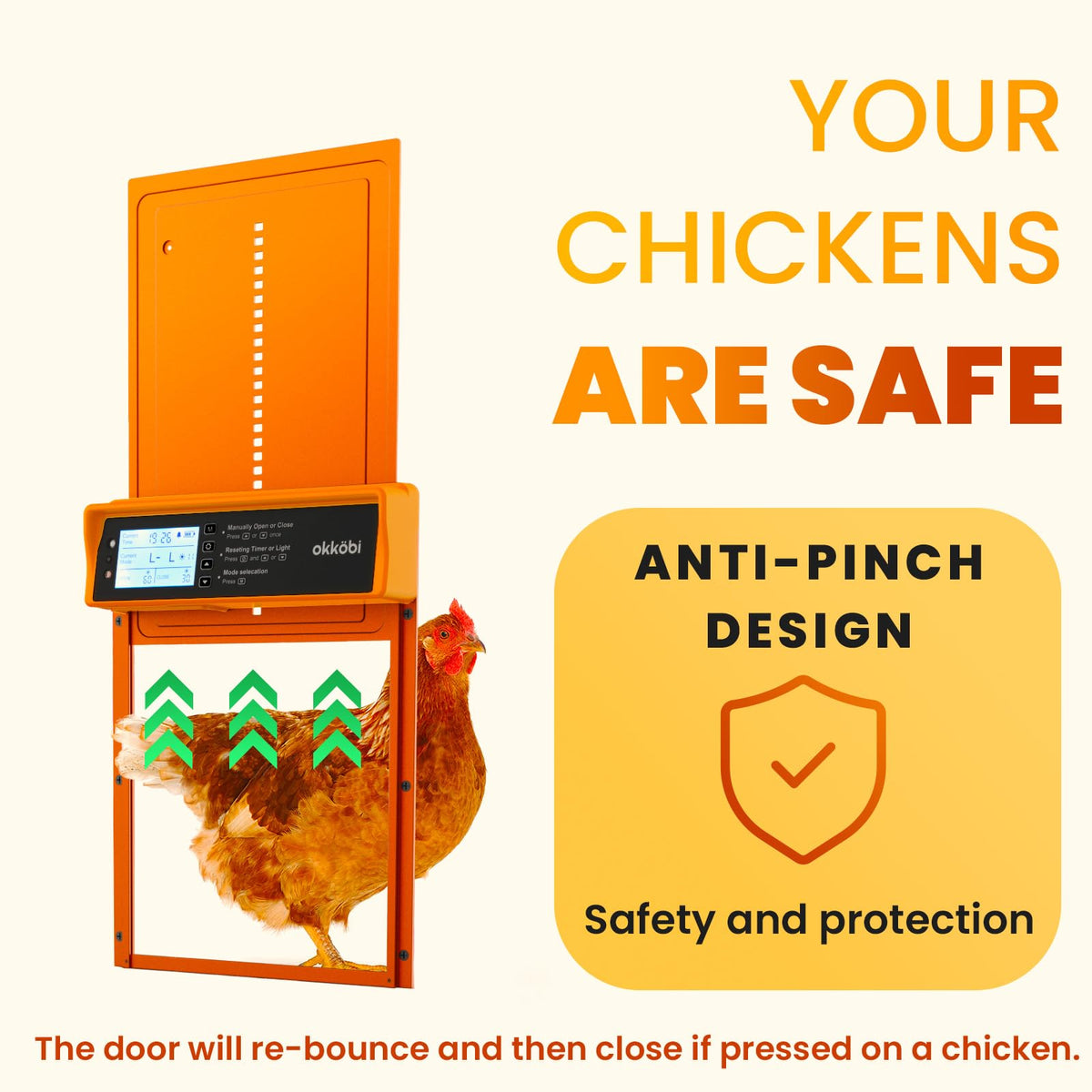 OKKÖBI door remote control enables easy operation from home or coop.