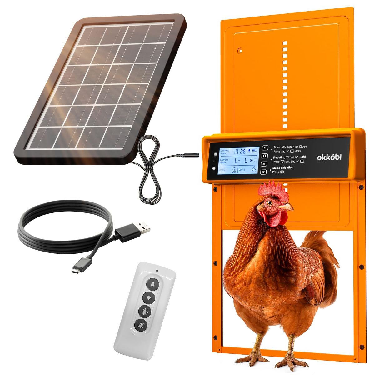 OKKÖBI automatic door with solar panel provides autonomous coop protection at day and night.