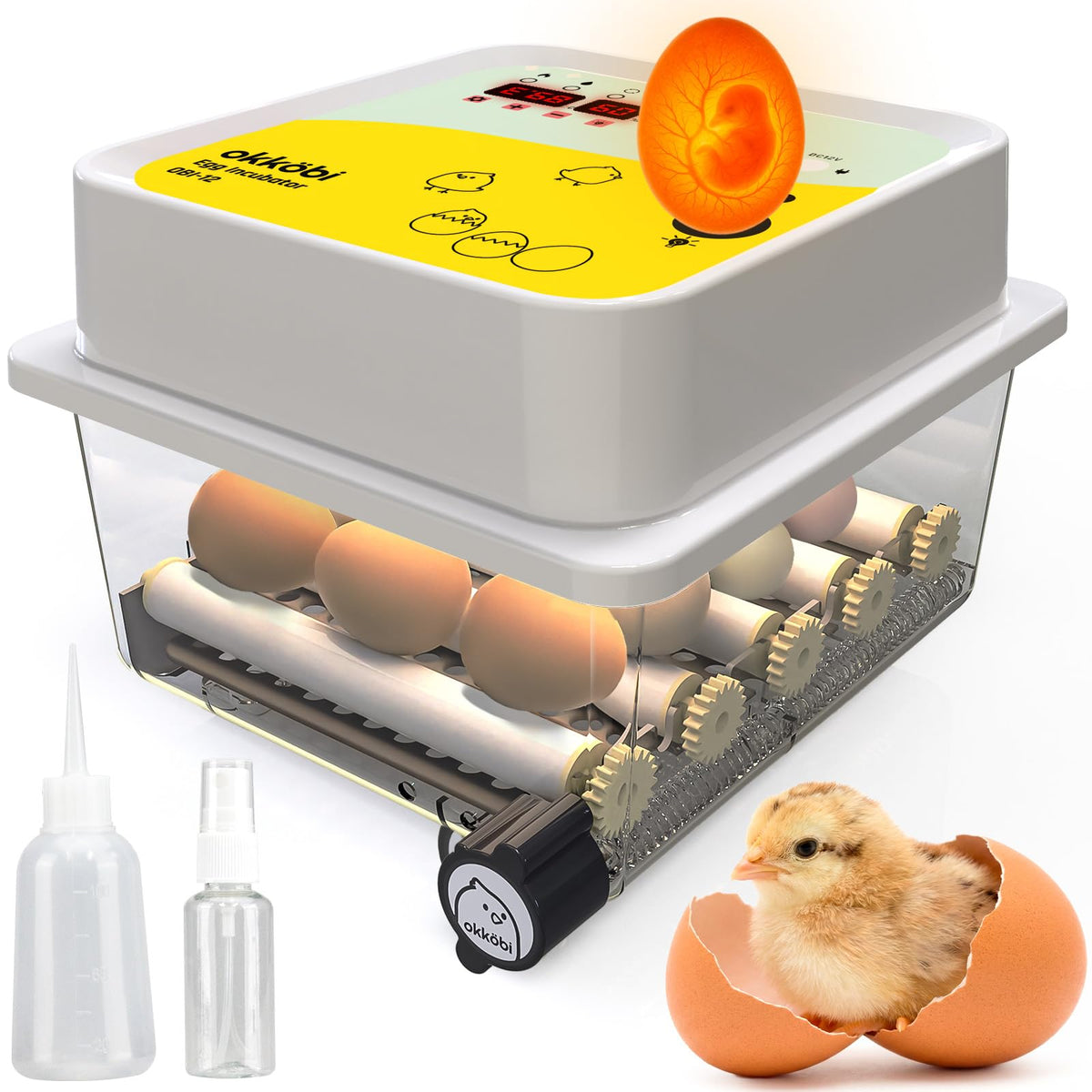 OKKÖBI OBI-12 incubator front view showing 12-egg tray for reliable hatching