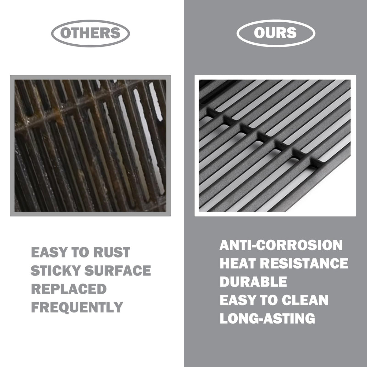 Cast iron grill grates resist wear and ensure even heat.