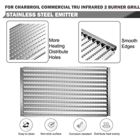 Oklagarden emitter plate mounted on Char-Broil two-burner grill for replacement.