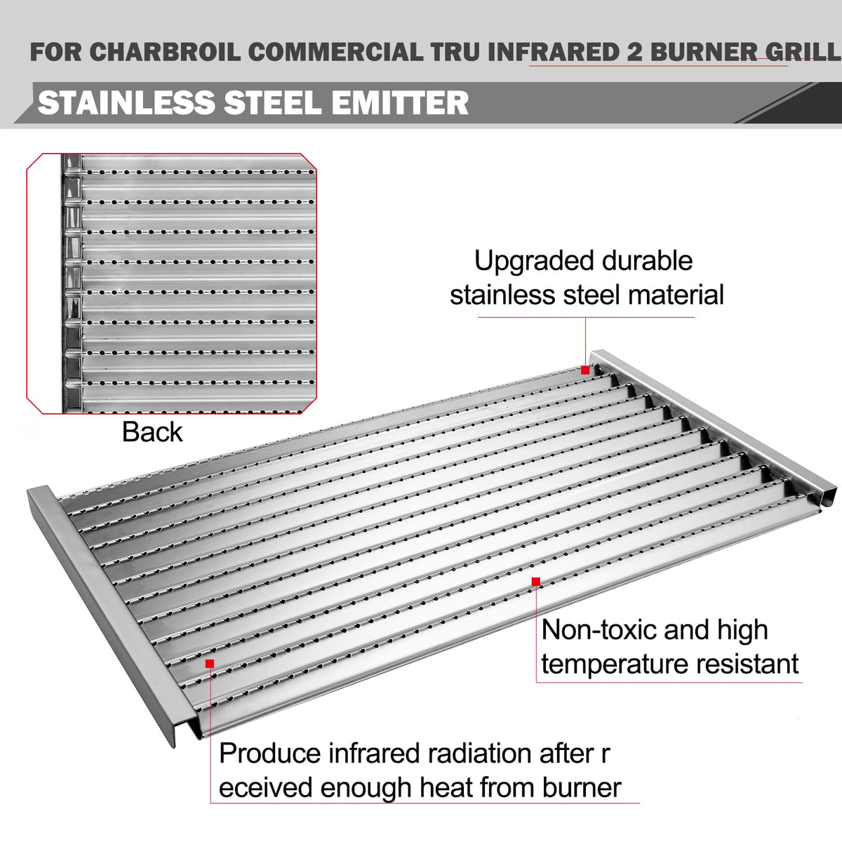 Oklagarden emitter plates radiate heat quickly for faster searing and grill marks.