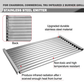 Oklagarden emitter plates radiate heat quickly for faster searing and grill marks.