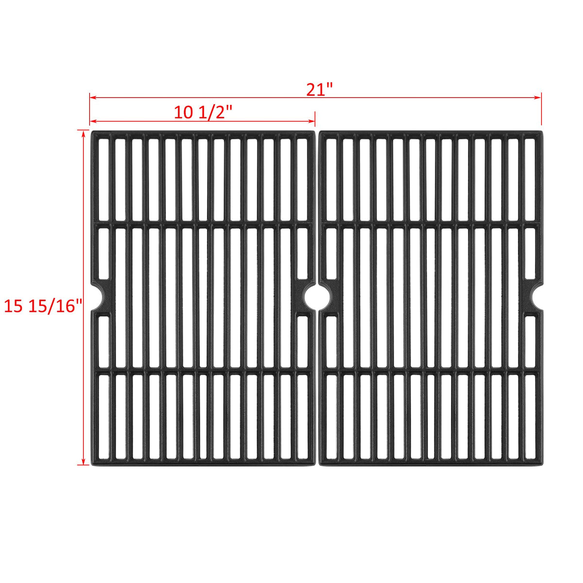 Two-piece grill grate set with precise dimensions for a snug fit.
