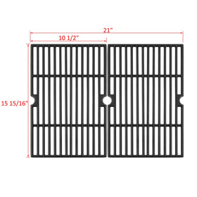 Two-piece grill grate set with precise dimensions for a snug fit.