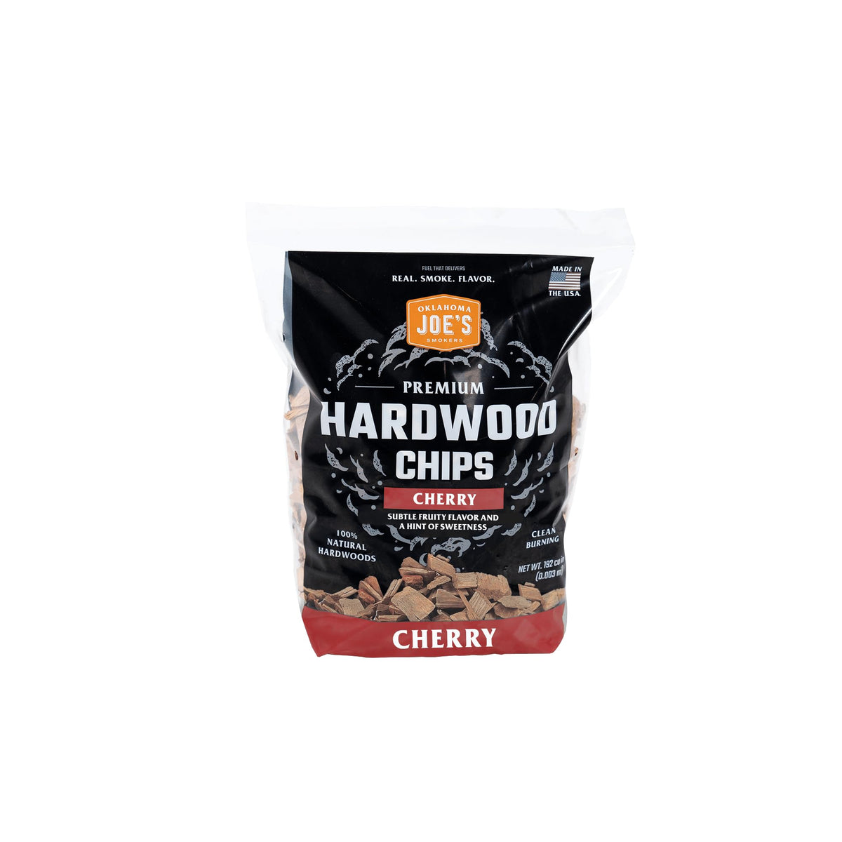 Oklahoma Joe's Cherry Wood Smoker Chips bag for real smoke flavor on beef, pork, and chicken.