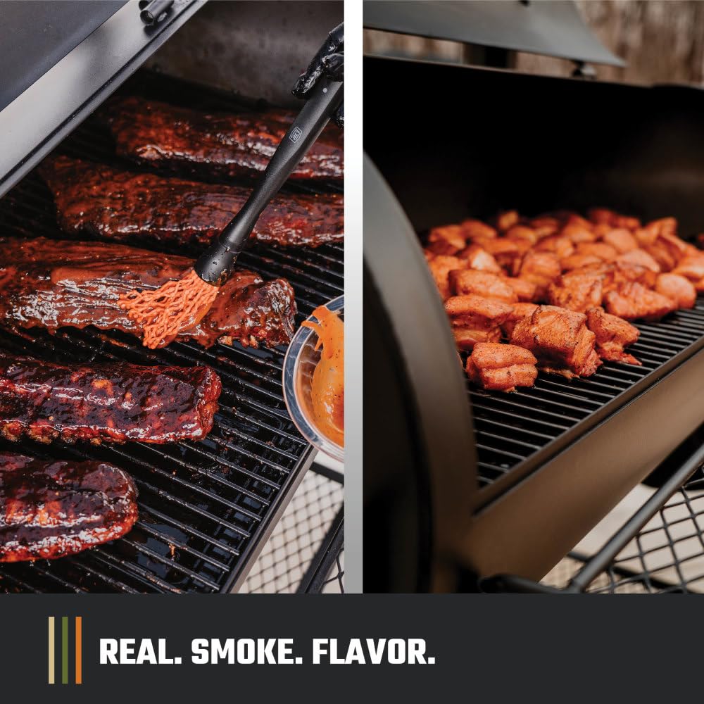 Oklahoma Joe's Longhorn Offset Charcoal Smoker cool-touch handles protect hands while opening.