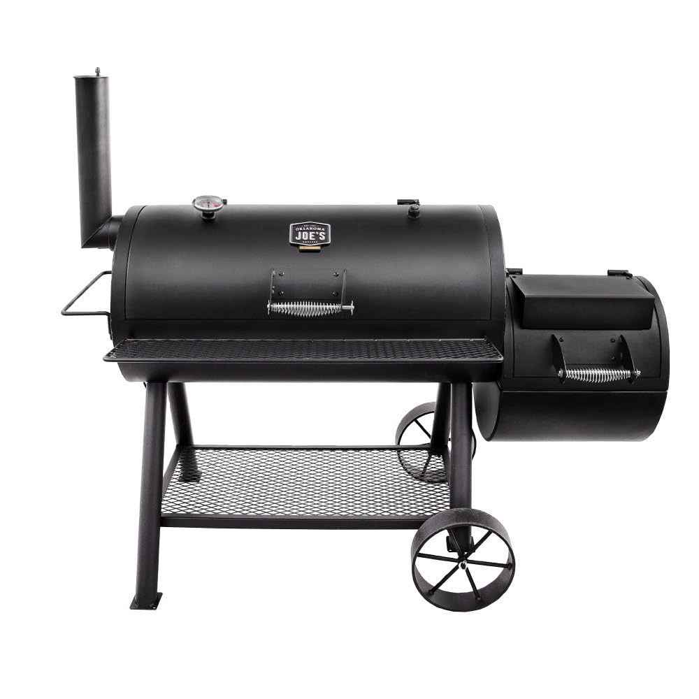 Oklahoma Joe's Longhorn Offset Charcoal Smoker front view showing large cooking chamber for family backyard cookouts.