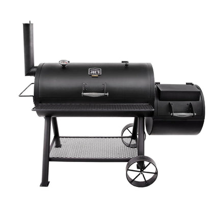 Oklahoma Joe's Longhorn Offset Charcoal Smoker front view showing large cooking chamber for family backyard cookouts.