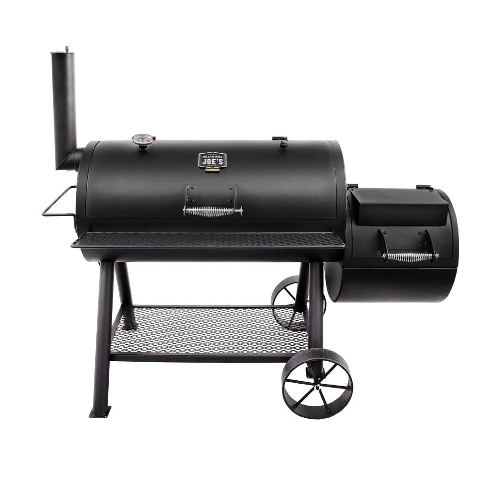 Oklahoma Joe's Longhorn Offset Charcoal Smoker front view showing large cooking chamber for family backyard cookouts.
