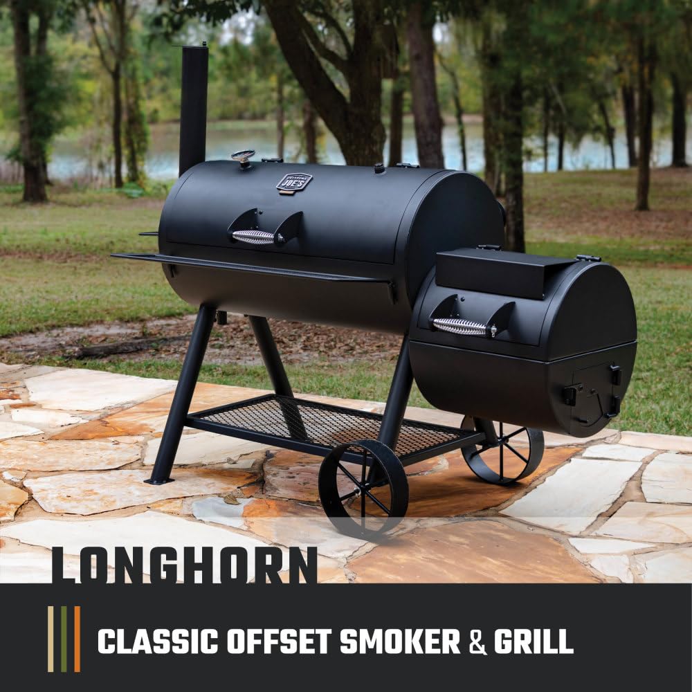 Oklahoma Joe's Longhorn Offset Charcoal Smoker side firebox demonstrates convenient fuel refueling during cooks.
