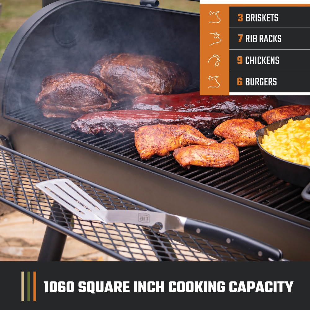 Oklahoma Joe's Longhorn Offset Charcoal Smoker temperature gauge helps monitor steady heat.