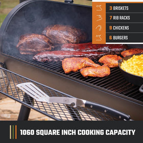 Oklahoma Joe's Longhorn Offset Charcoal Smoker temperature gauge helps monitor steady heat.