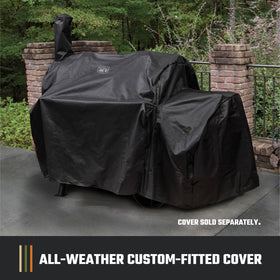 Oklahoma Joe's Longhorn Offset Charcoal Smoker wagon wheels allow easy relocation.