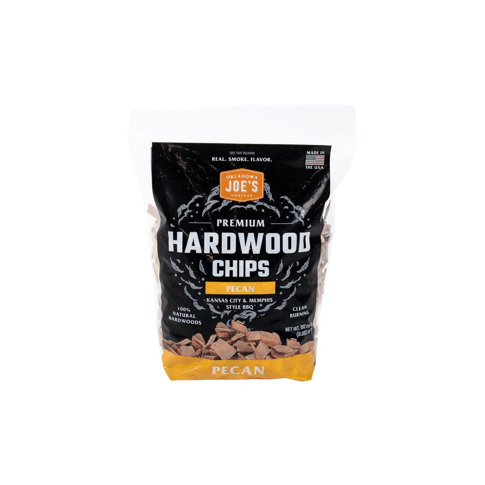 Oklahoma Joe's Pecan Wood Chips bag delivering clean smoke flavor for pork, beef, and chicken