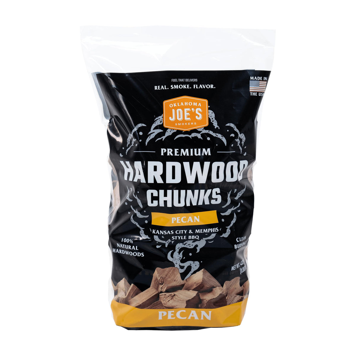 Oklahoma Joe's Pecan Wood Chunks bag ready for grilling, delivering clean, even smoke flavor.
