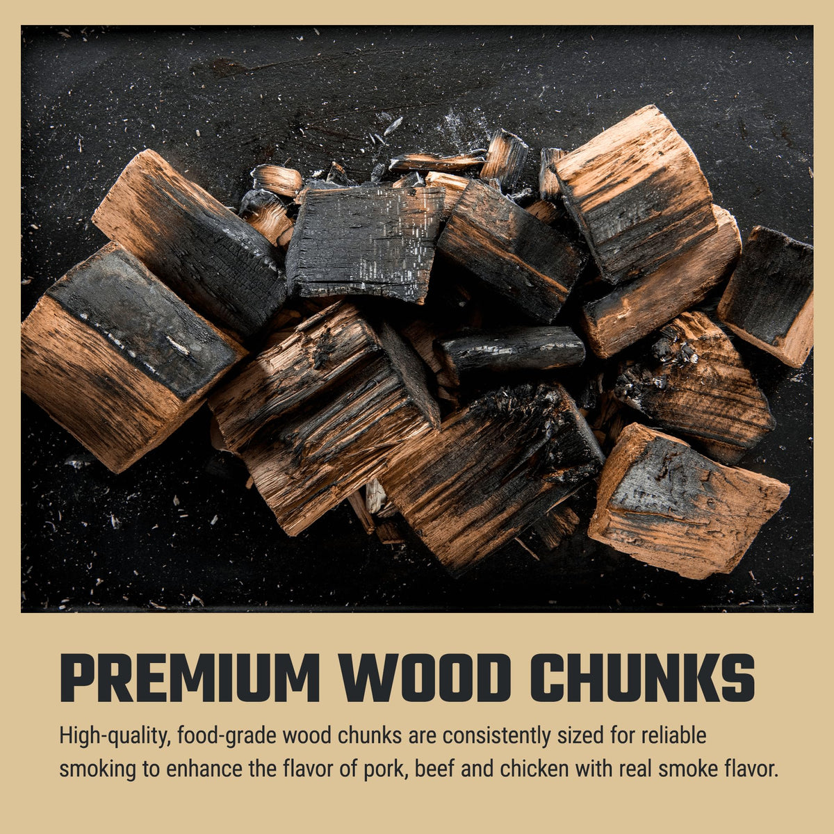 Oklahoma Joe's Pecan Wood Chunks on coals providing rich pecan smoke for BBQ.