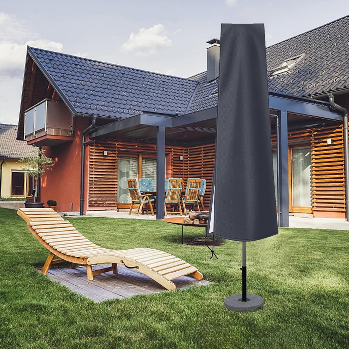 OKPOW waterproof surface keeps rain off 6-9 ft umbrellas.
