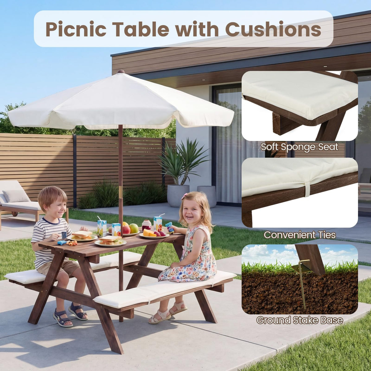 Olakids ground stakes securing stable setup on grass or patio.