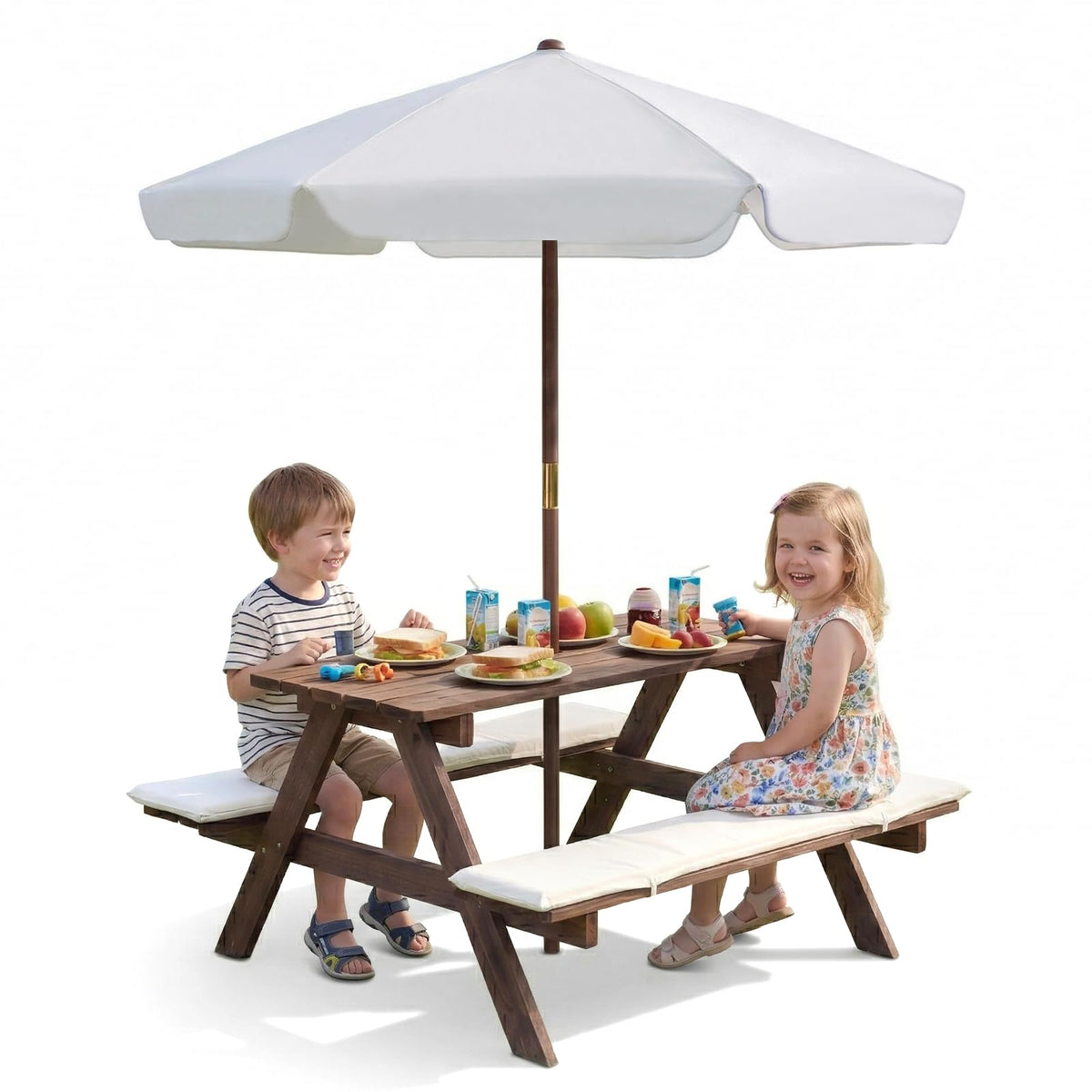 Olakids picnic table with umbrella, wide canopy shading outdoor play area.