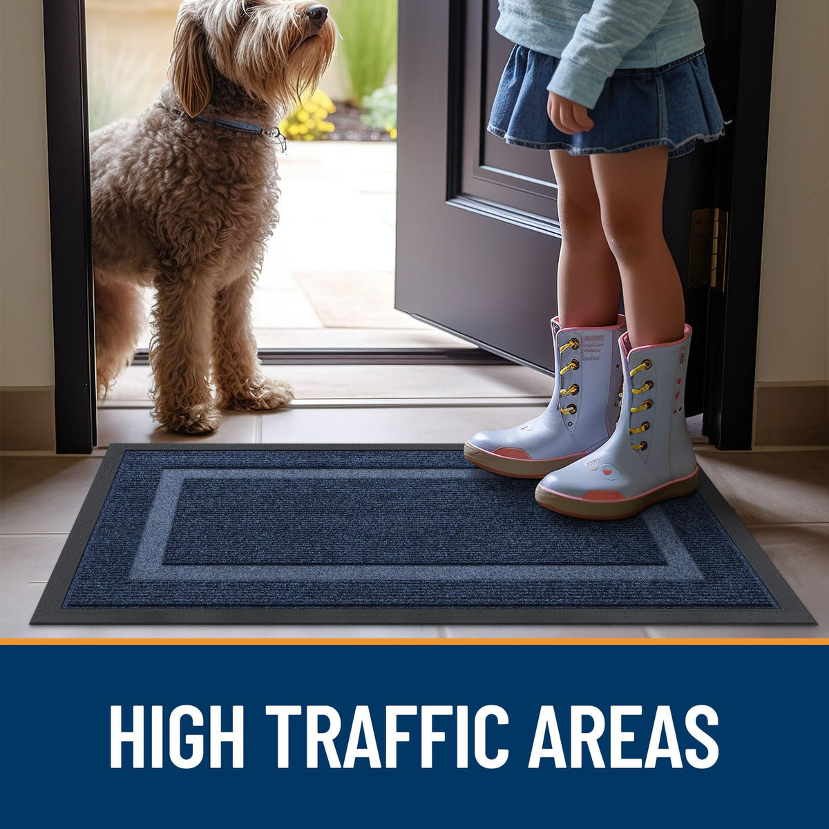OLANLY all-weather door mat withstands snow, rain, mud for year-round use.