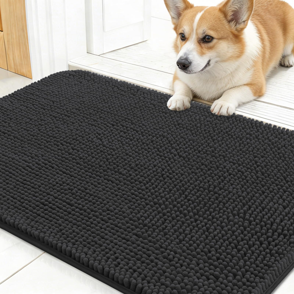 OLANLY dog door mat absorbs moisture and dirt from muddy paws at the entry